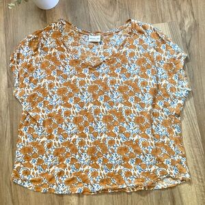 Rachel Zoe Orange and Blue Floral 100% Linen Short Sleeve Top
